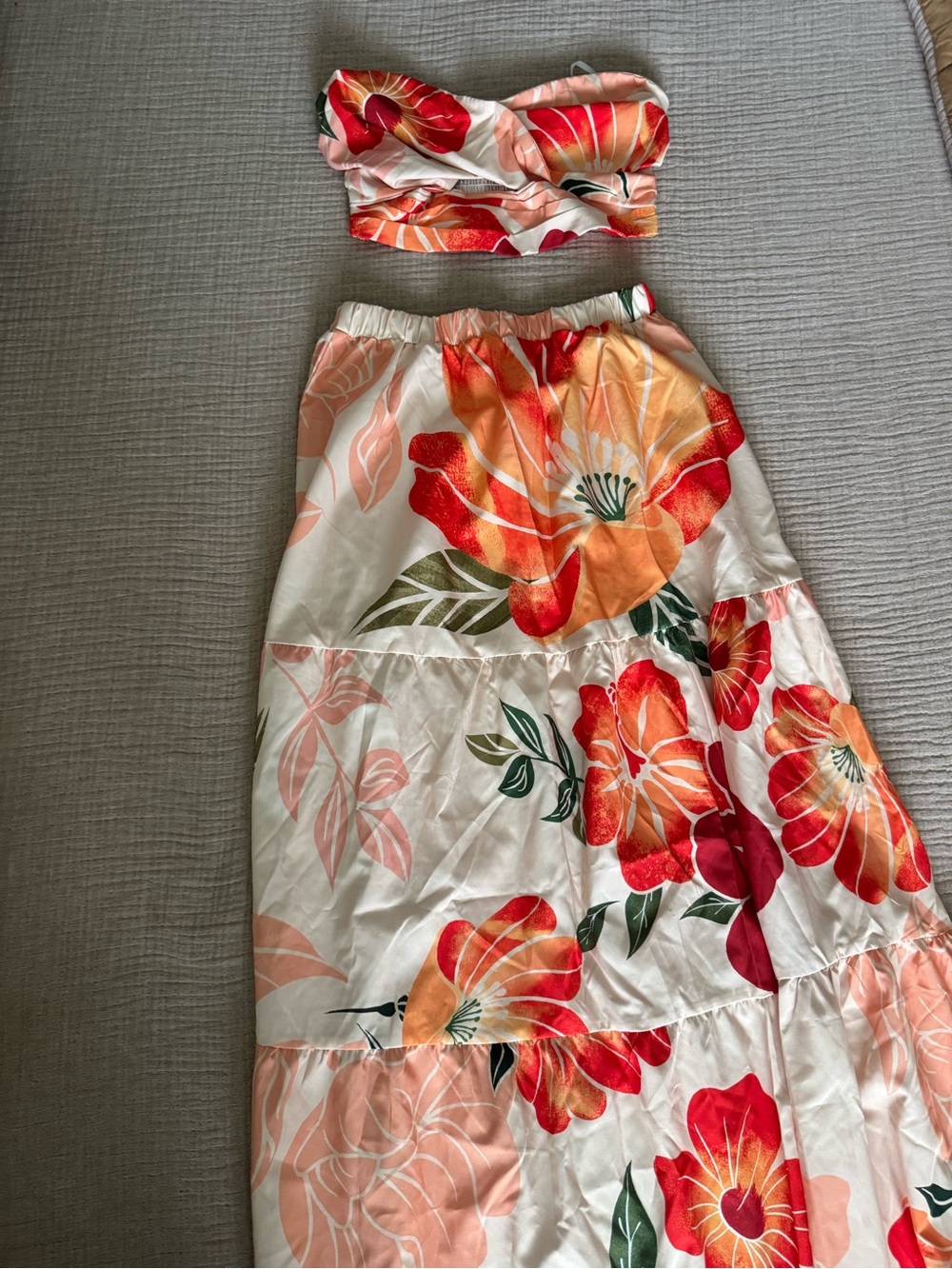 SHEIN White Floral Two-Piece Skirt Set with Red & Orange Blooms